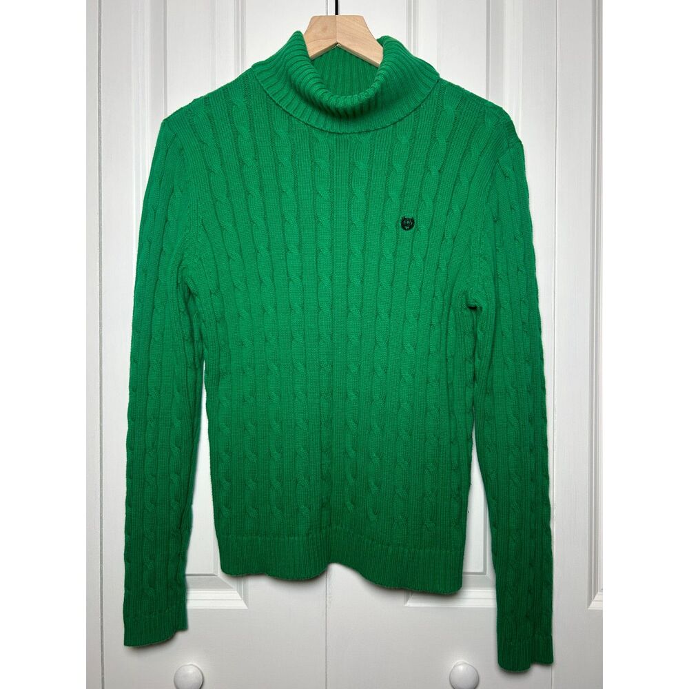 Chaps Green Cable Knit Turtleneck Sweater Size Large 100% Cotton